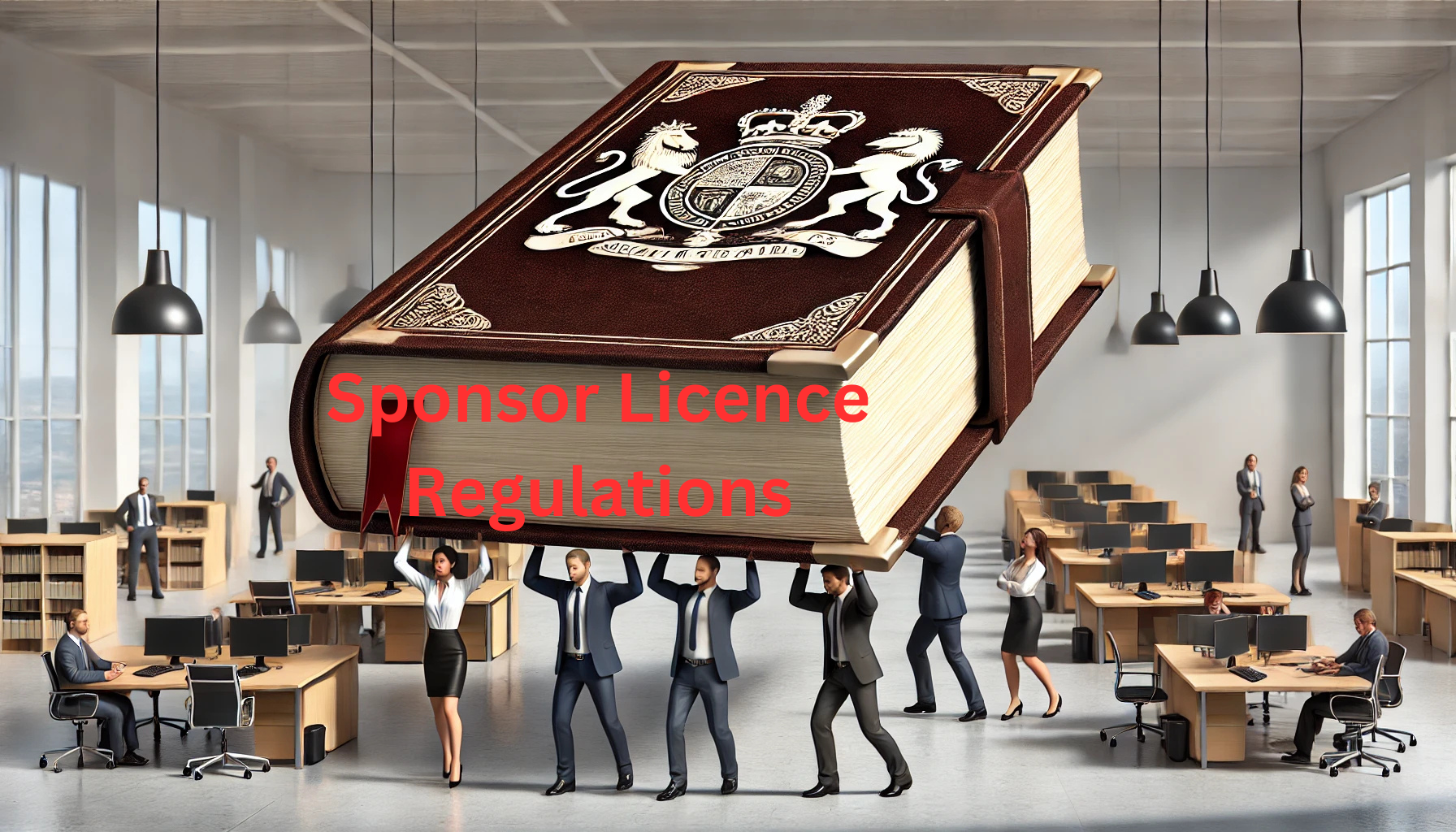 UK Sponsor Licence Compliance Guide 2024: Office workers lifting a giant book on sponsor regulations.